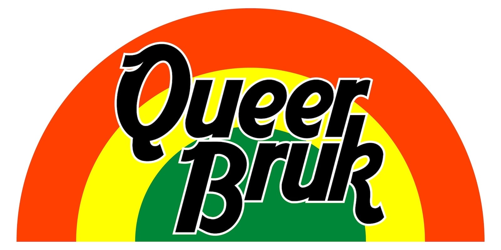 A red, yellow and green rainbow on a white background with "queer bruk" written in black on the rainbow.