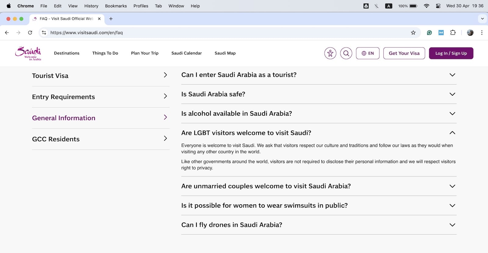 Saudi Tourism website LGBT question in the Q&A section.
