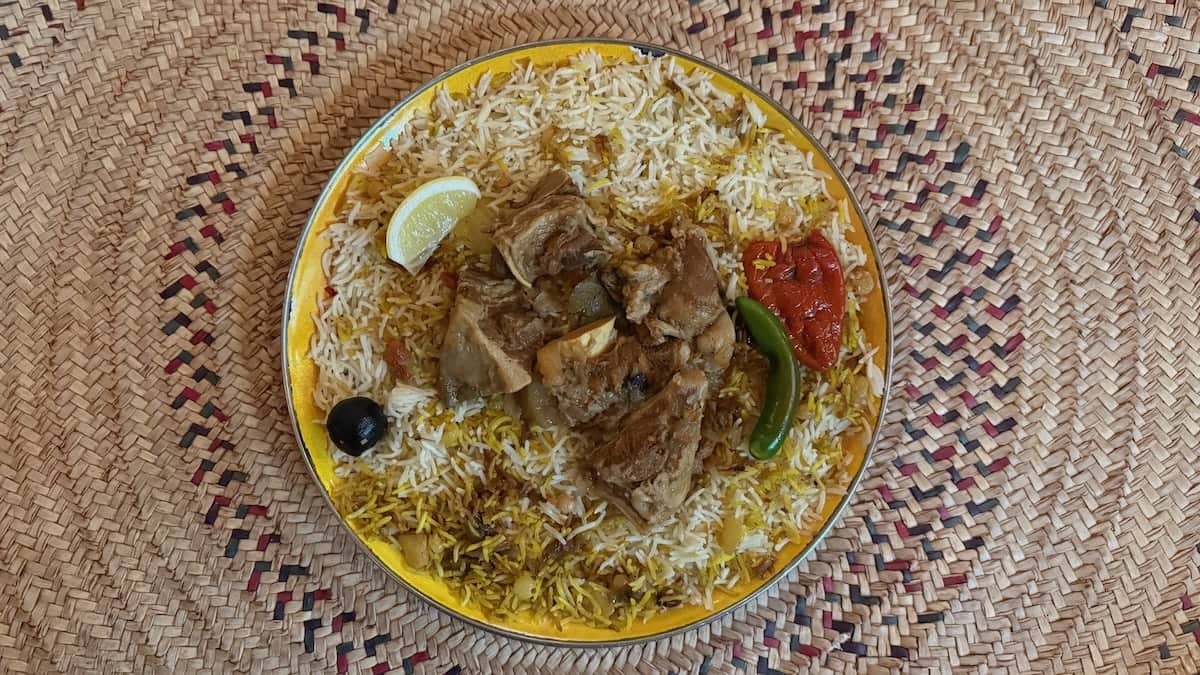 Camel kabsa at the Najdeh Village restaurant in Riyadh, Saudi Arabia.