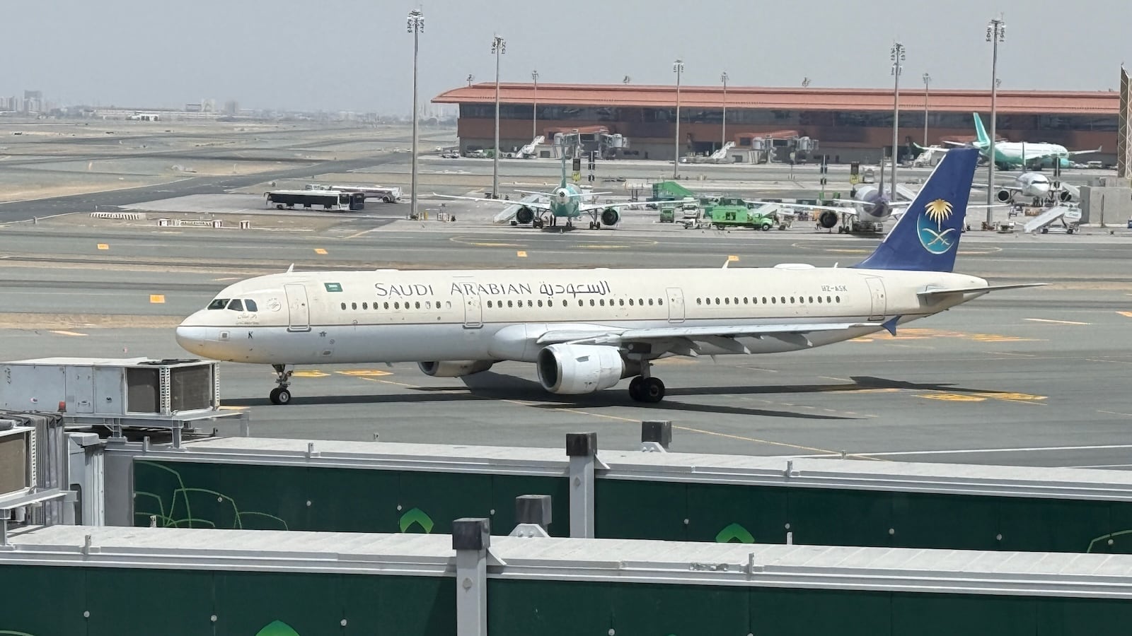 Saudi Arabian plane on the runway at Riyadh airport.