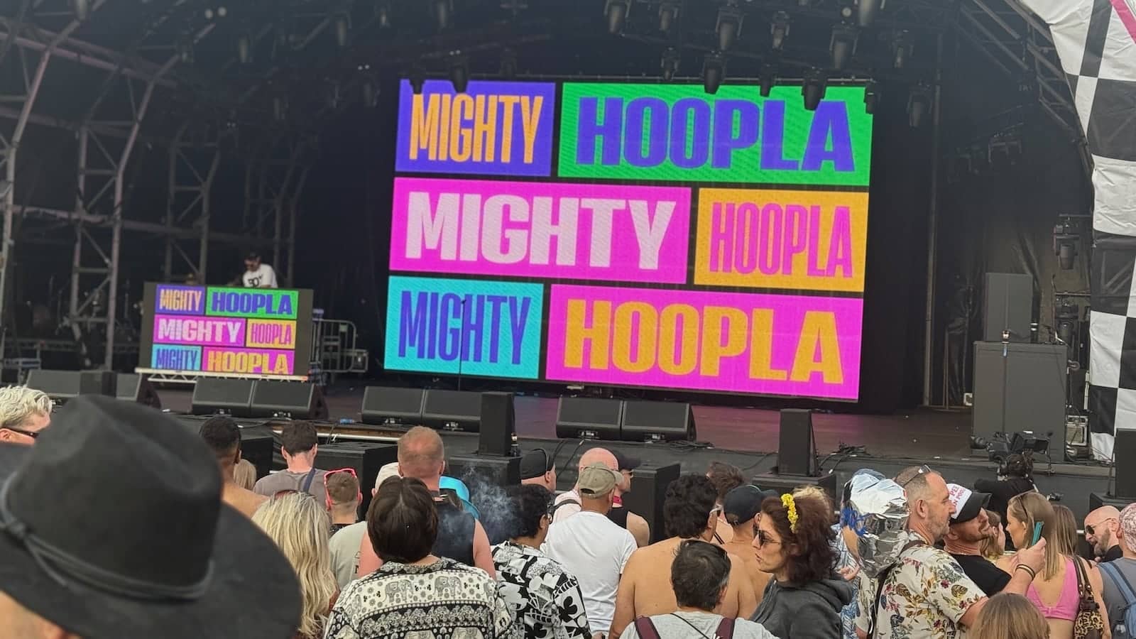 Mighty Hoopla signs on the main stage at Brockwell Park.