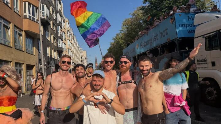 Our Berlin Pride 2026 group posing during the Pride Parade.