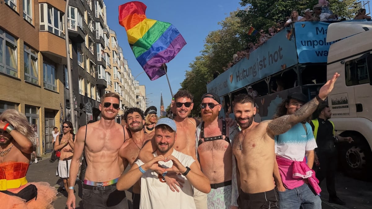 Our Berlin Pride 2026 group posing during the Pride Parade.