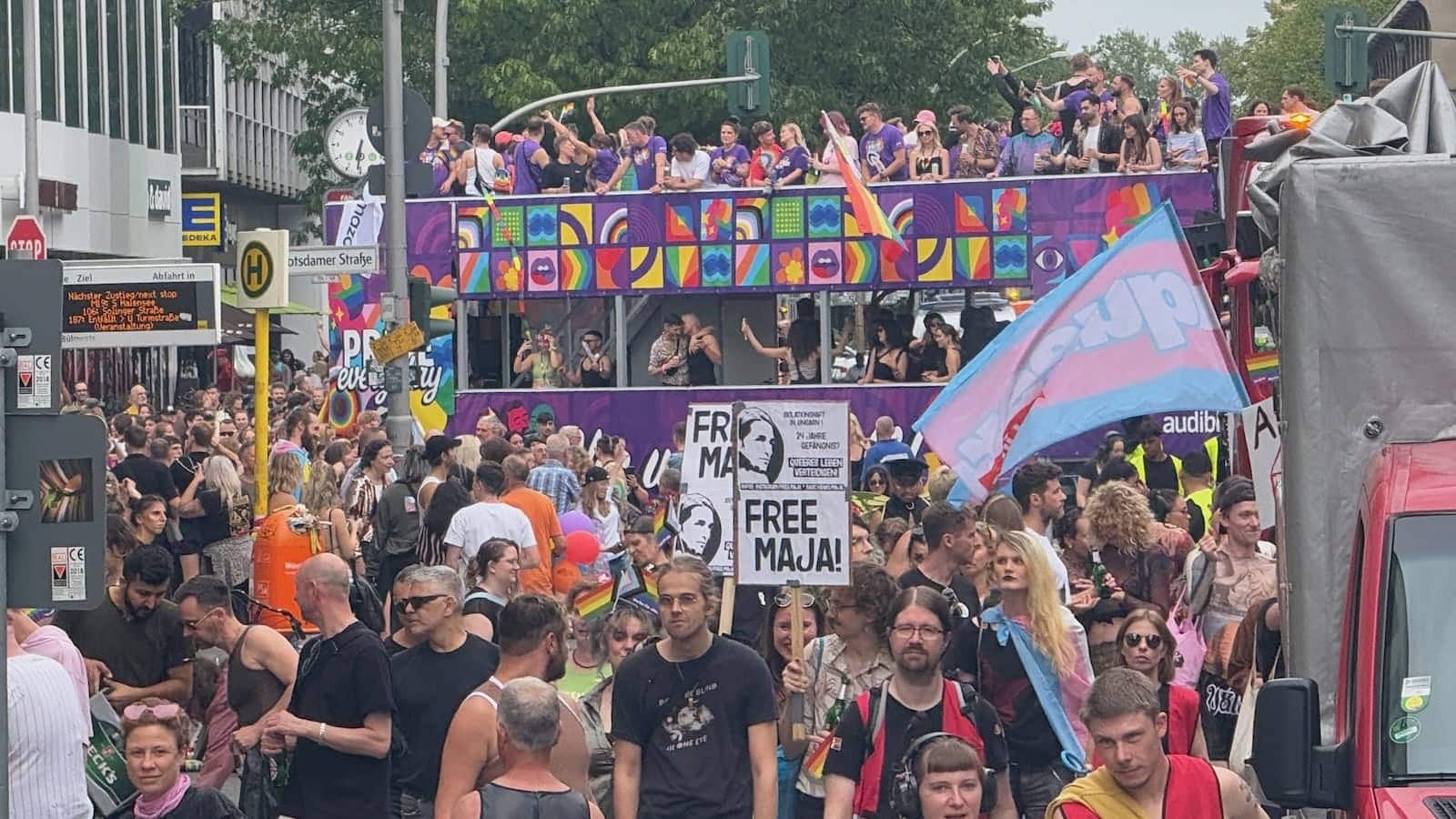 The crowds and floats at the Berlin Pride Parade.