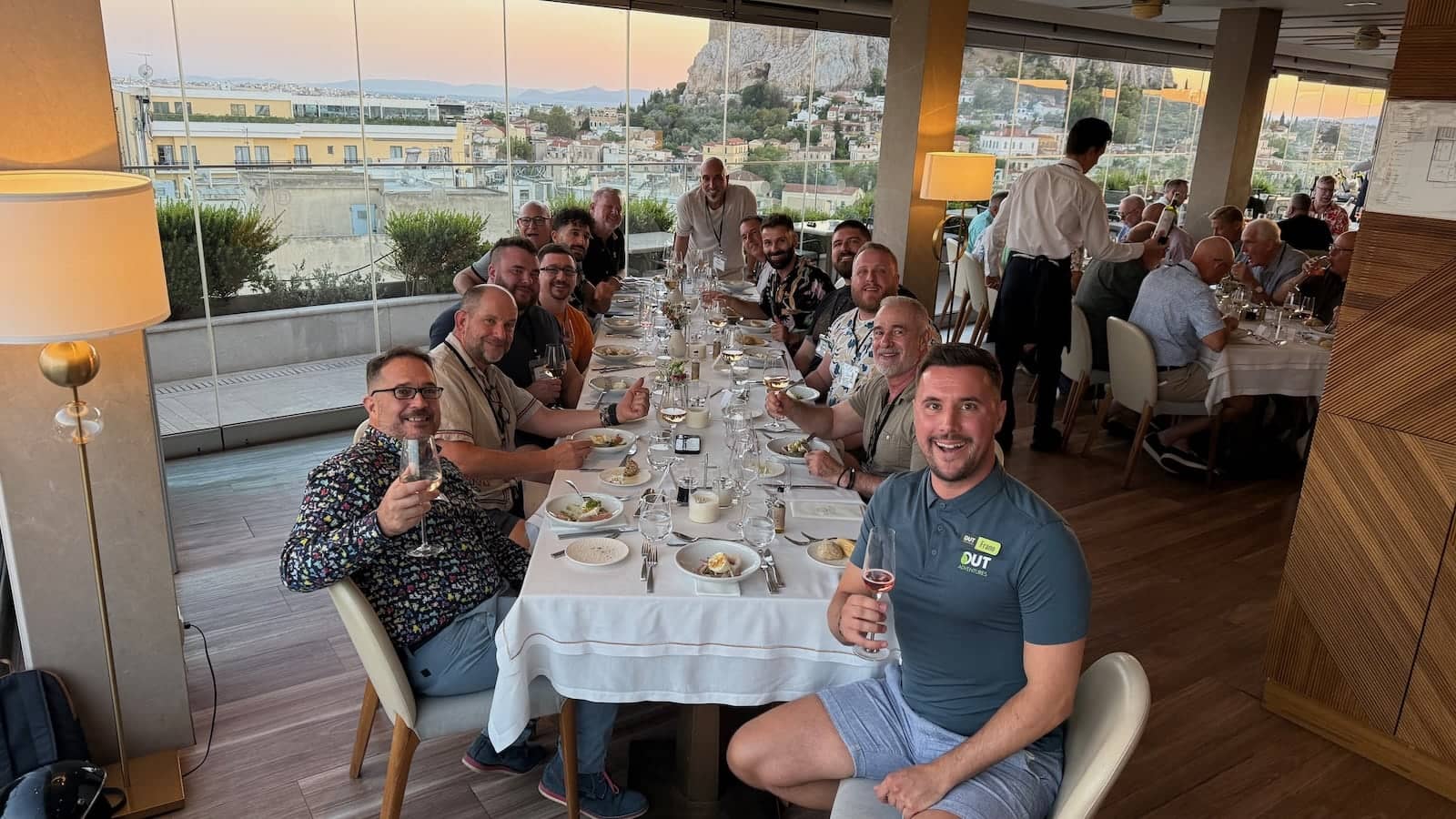 Out Adventures gay group dinner meal at Electra Palace Hotel Athens.