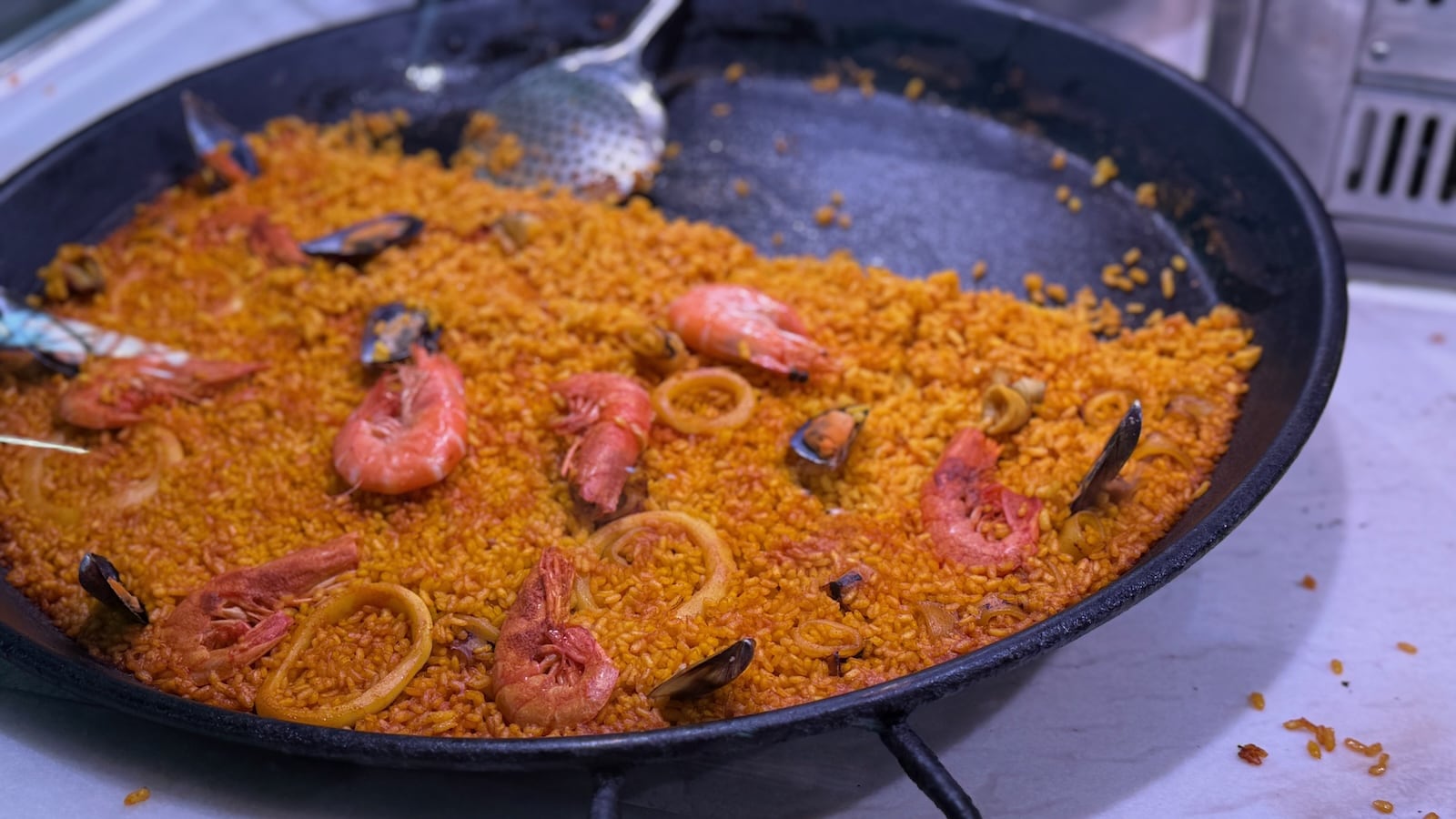 Freshly made Valencia paella.