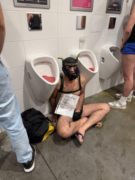 Pup in urinal toilets La Demence gay party in Brussels.
