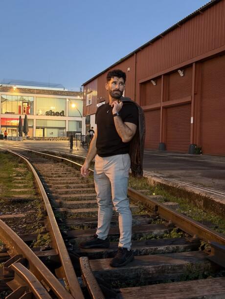 Stefan by the harbourside railway tracks in Bristol.