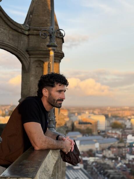 Stefan posing at the top of Cabot Tower in Brandon Hill in Clifton, Bristol.