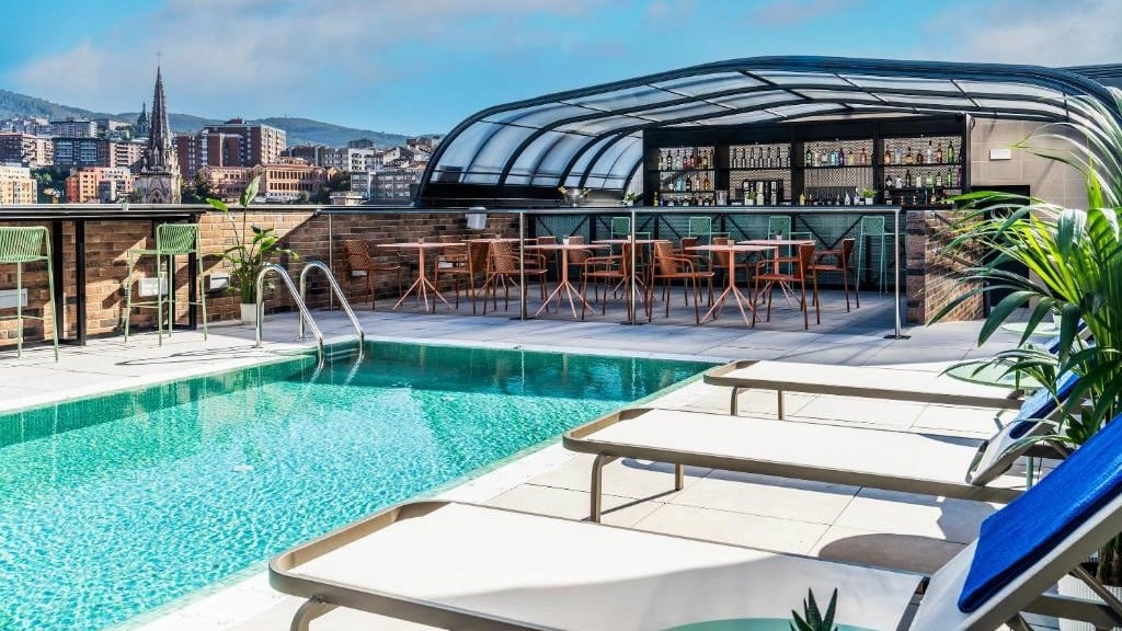 The pool area at the Axel gay hotel in Bilbao.