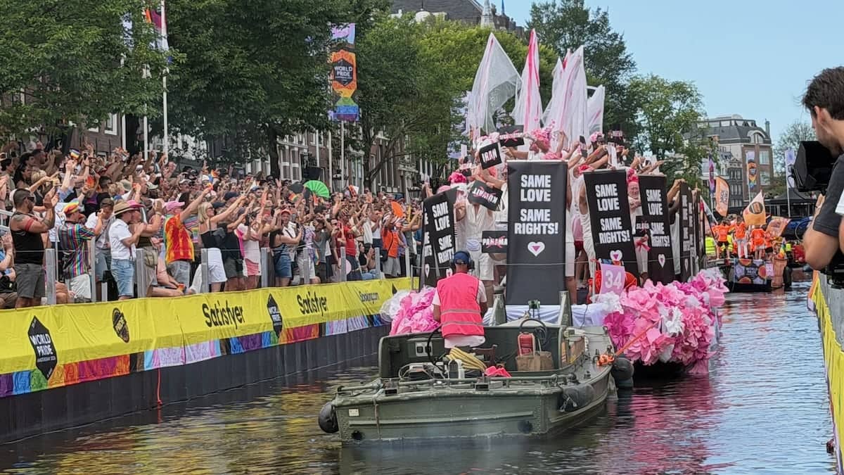 Amsterdam Canal Pride Parade on boats.