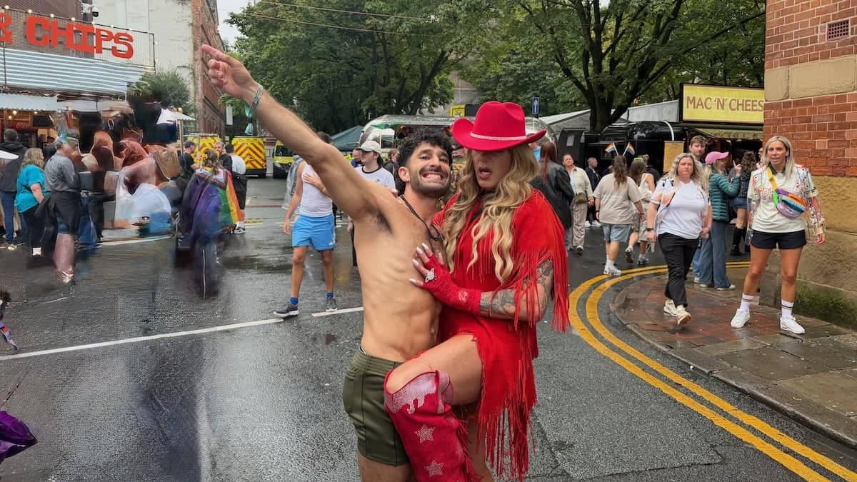 Drag queen and Stefan in the Manchester Gay Village at Pride.
