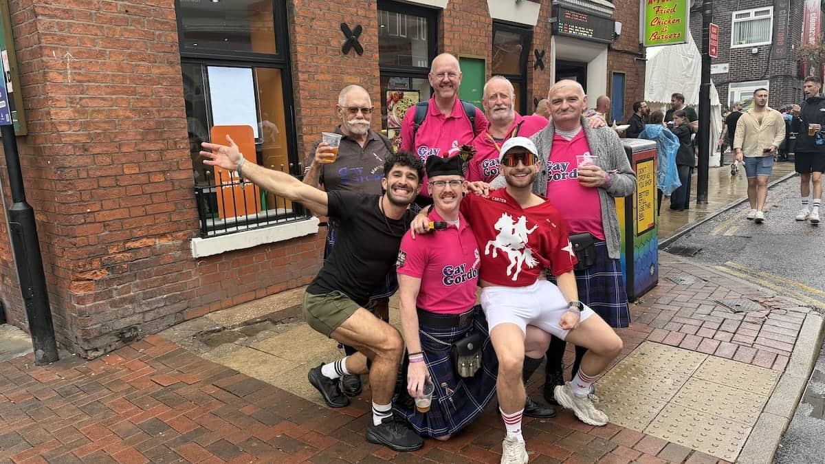 Gay group at Manchester Pride posing.