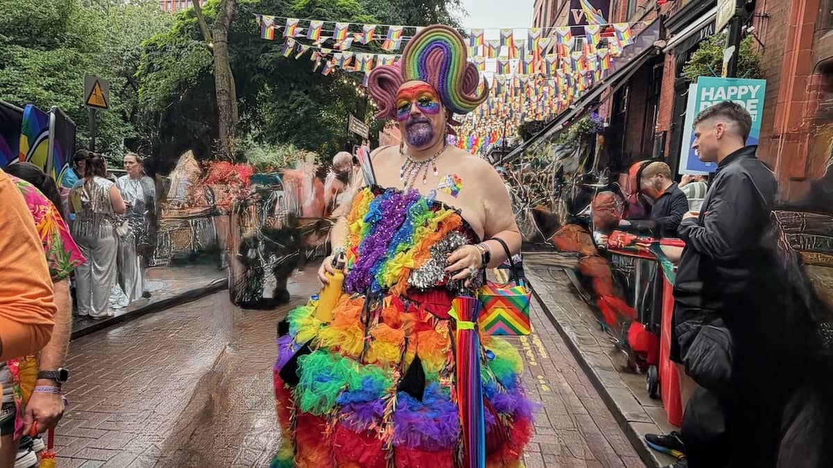 Rainbow drag queen at Manchester Village Pride.